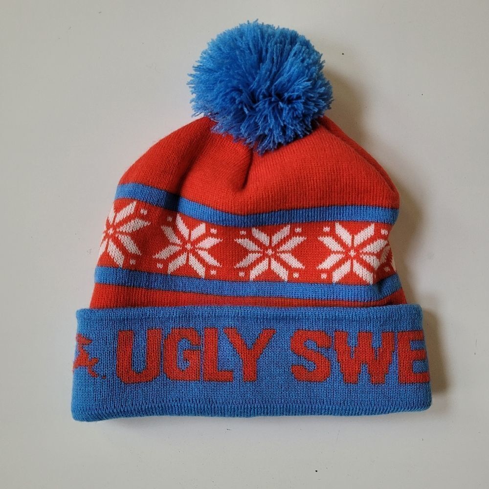UGLY SWEATER RUN RUNNING POM BEANIE RED BLUE SNOWFLAKE DEER WINTER SNOW HAT